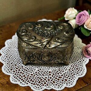 Vintage Rococo Footed Metal Ornate Raised Roses Hearts Trinket Box Red Velvet